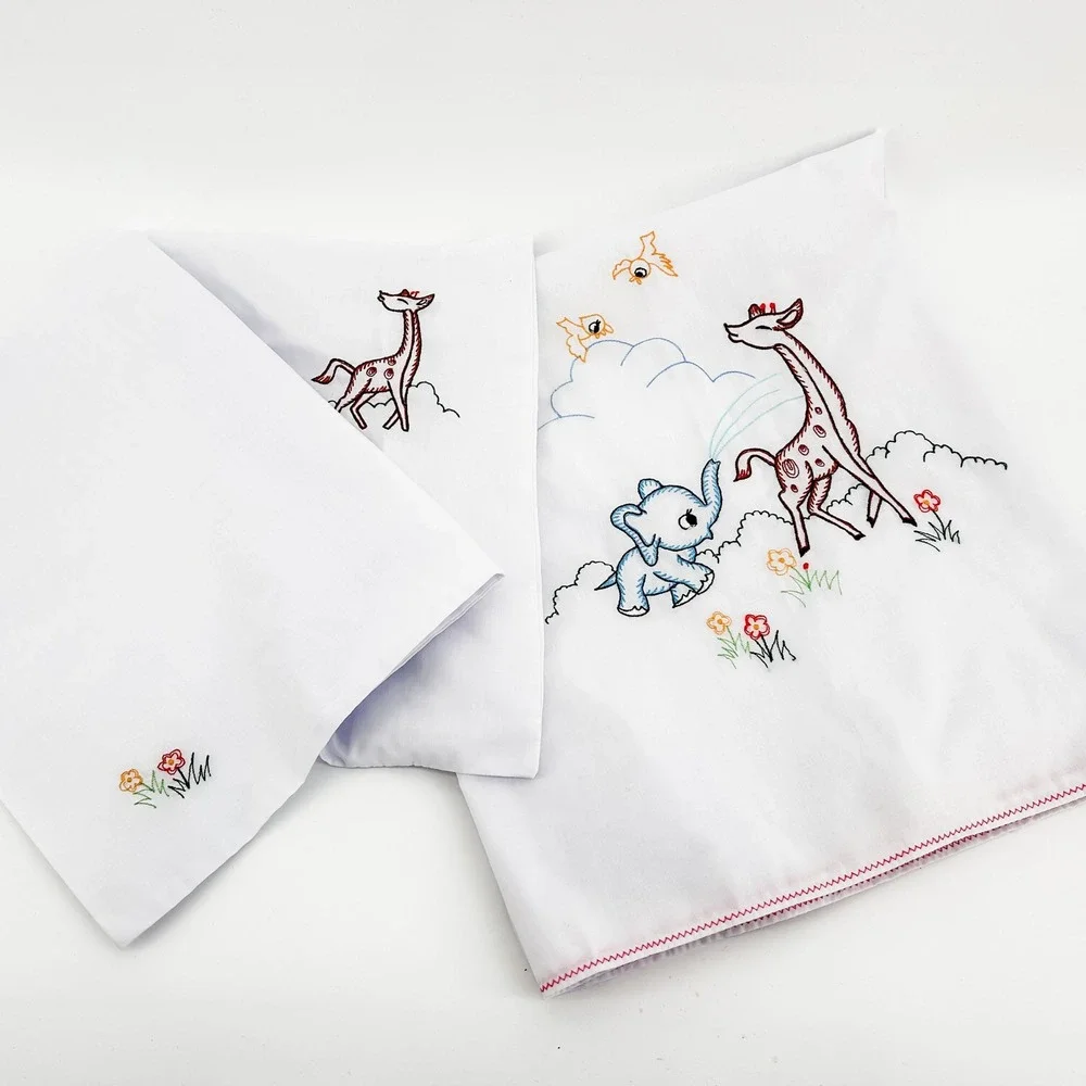 Vintage Embroidered Elephant Giraffe Toddler Bed Sheet & Pillowcase Set Handmade